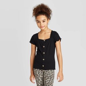 Girls' Square Neck Button Front Short Sleeve Top Art Class Black